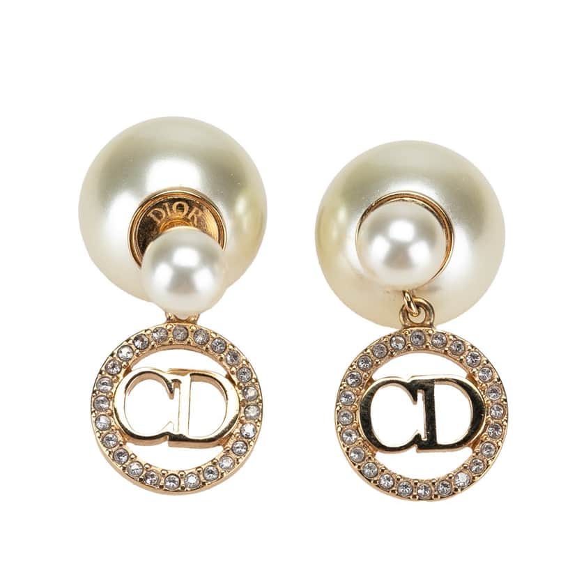Dior Faux Pearl and Crystal Logo Tribales Drop Push Back Earrings White Good condition - Front View