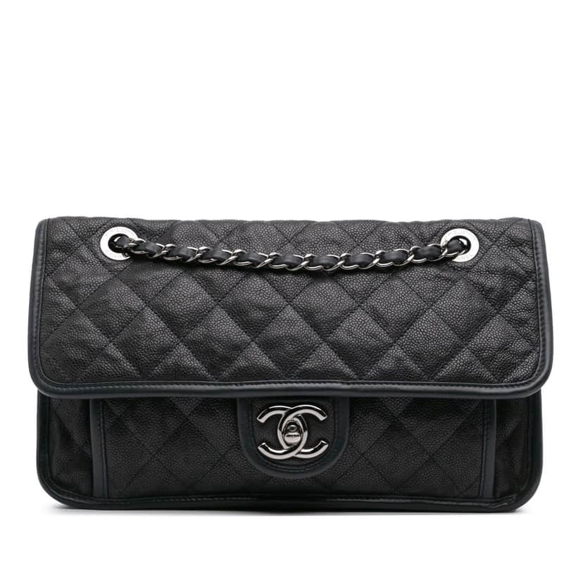 Chanel Medium Quilted Calfskin French Riviera Flap Black Leather Good condition - Front View
