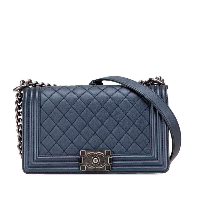 Chanel Old Medium Quilted Lambskin Boy Flap Blue Leather Good condition - Front View