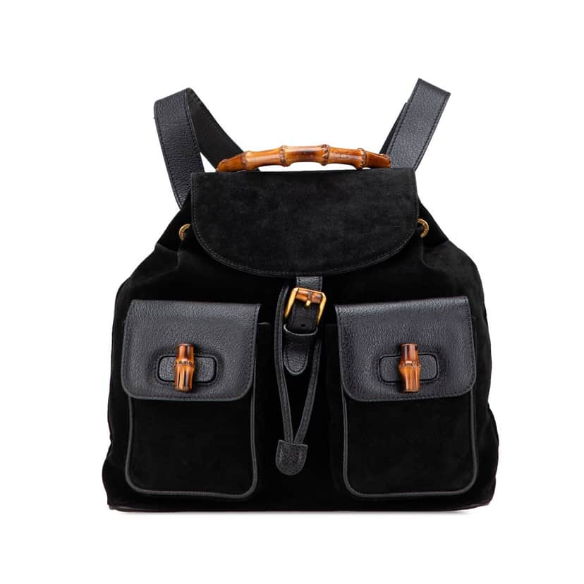 Gucci Suede Bamboo Drawstring Backpack Black Leather Good condition - Front View