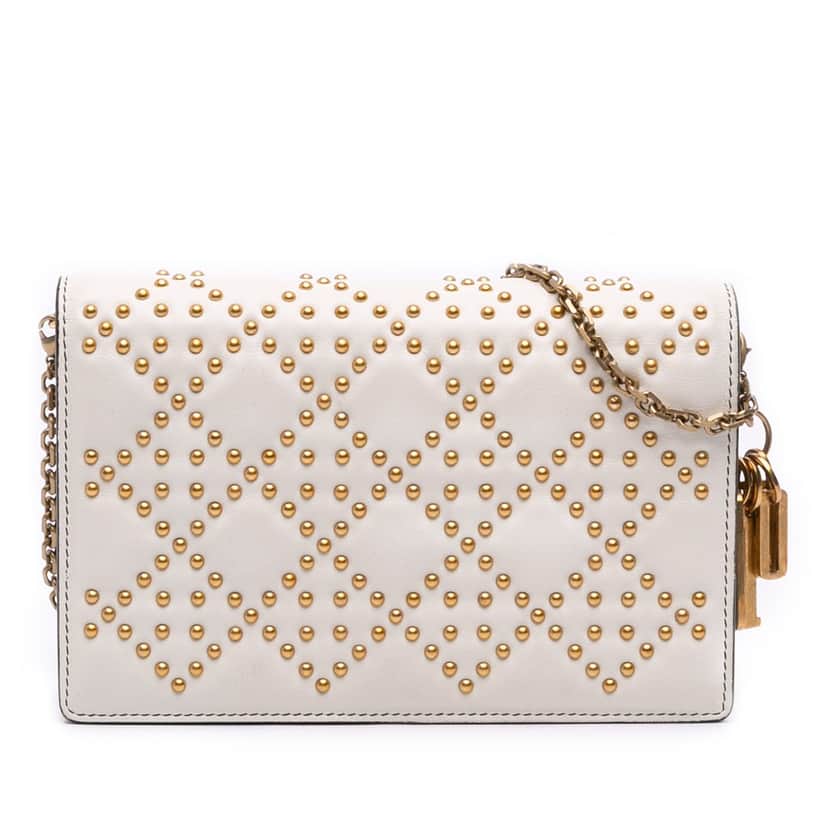 Dior Studded Calfskin Cannage Lady Dior Wallet on Chain White Leather Good condition - Front View