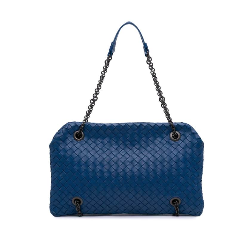Bottega Veneta Nappa Intrecciato Duo Shoulder Bag Blue Leather Good condition - Front View