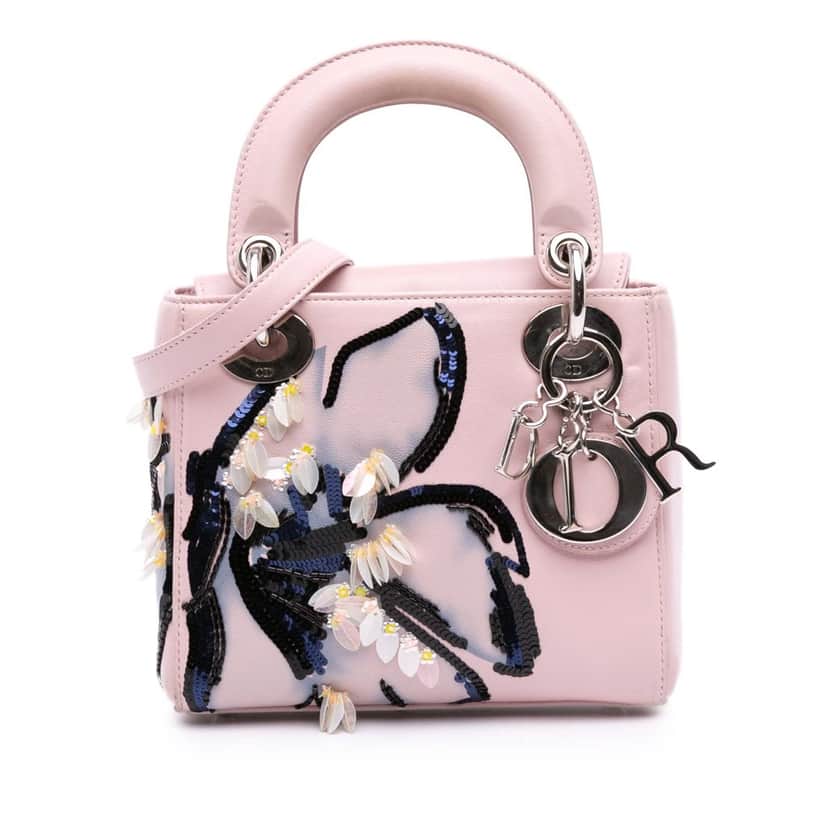 Dior Mini Calfskin Sequin Embellished Lady Dior Pink Leather Good condition - Front View