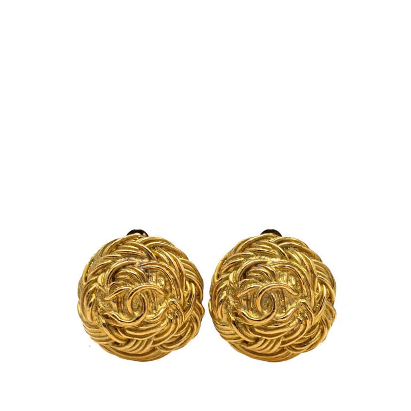 Chanel Gold Plated CC Quilted Round Clip On Earrings Gold Metal Good condition - Front View