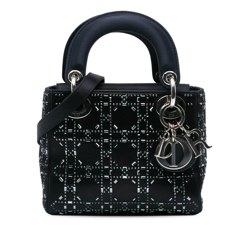 Dior Mini Satin Cannage Strass Crystal Embellished Lady Dior Black Satin Good condition - Front View