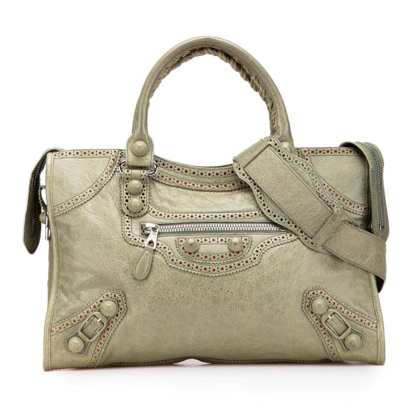 Balenciaga Lambskin Motocross City Giant Brogues Satchel Green Leather Good condition - Front View