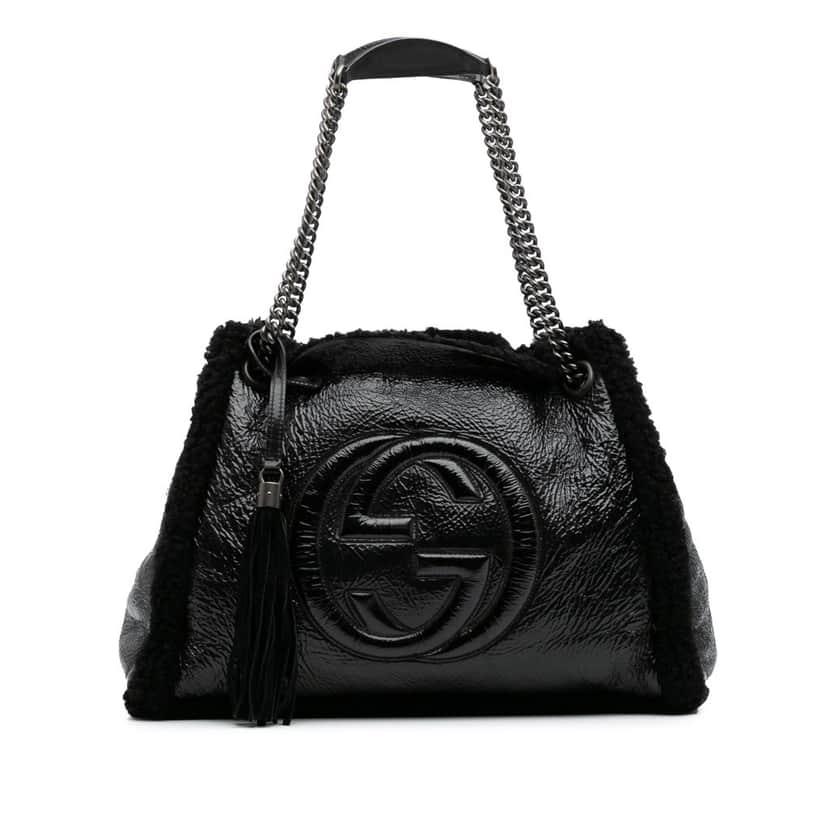 Gucci Medium Patent Shearling Soho Chain Tote Black Leather Good condition - Front View