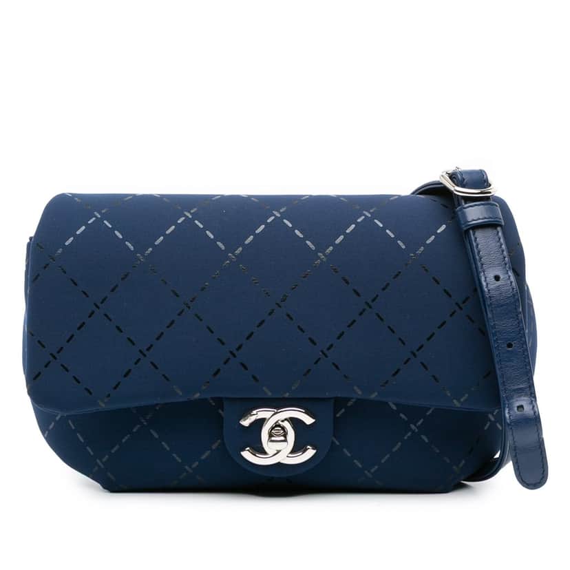 Chanel Classic Jersey Single Flap Blue Cotton Good condition - Front View