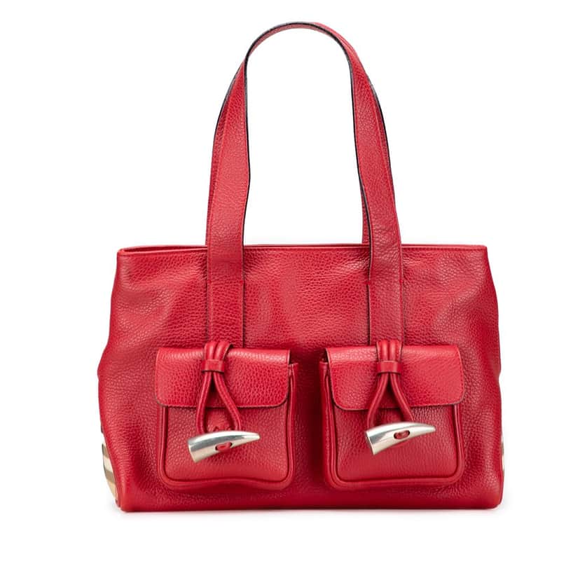 Burberry House Check Trimmed Grainy Calfskin Horn Toggle Tote Red Leather Good condition - Front View