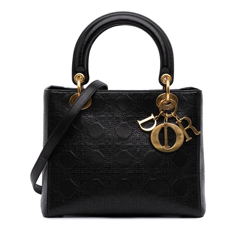 Dior Medium Calfskin Cannage Embossed Lady Dior Black Leather Good condition - Front View