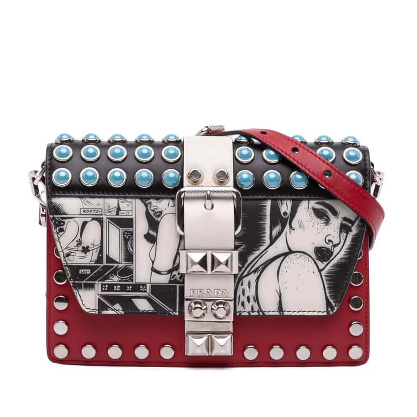 Prada City Calfskin Comic Print Studded Elektra Crossbody Red Leather Good condition - Front View