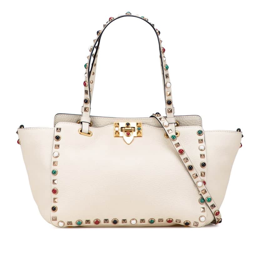 Valentino Small Leather Rockstud Rolling Trapeze Satchel White Leather Good condition - Front View