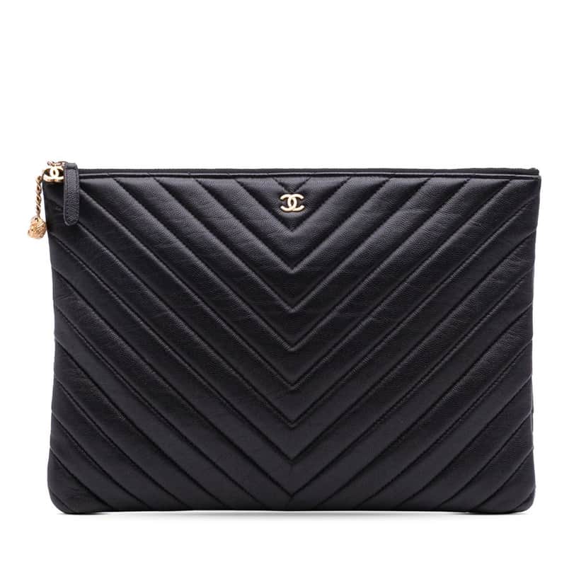 Chanel Large Chevron Caviar Ancient Greek Charms O Case Clutch Black Leather Good condition - Front View