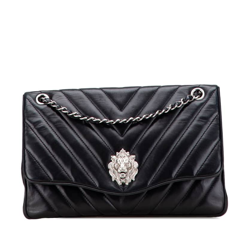 Chanel Jumbo Chevron Lambskin Leo Lion Flap Black Leather Very good condition - Front View