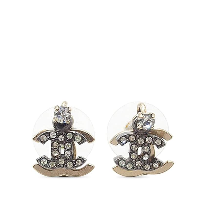 Chanel Bicolor Double CC Rhinestone Bullet Backs Earrings Gold Metal Good condition - Front View