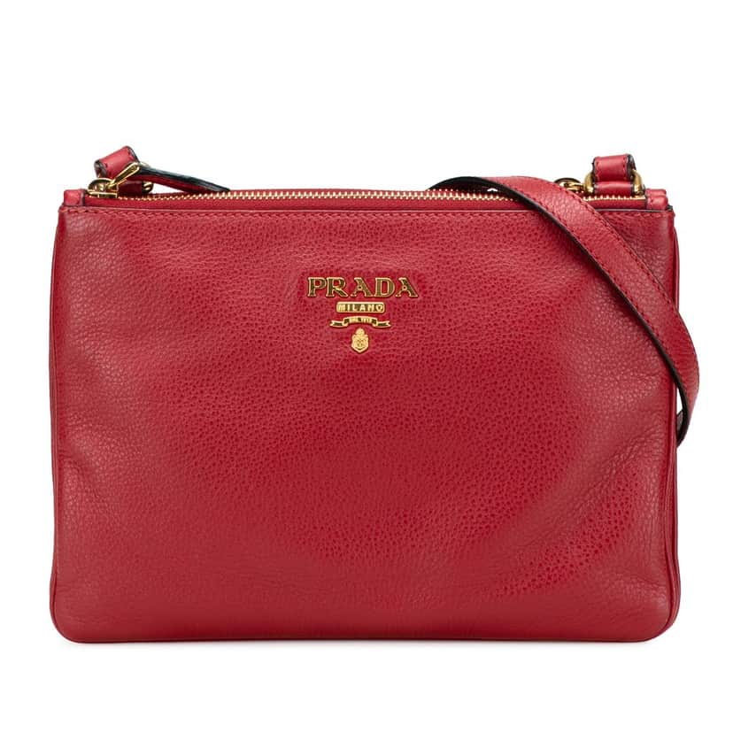 Prada Vitello Phenix Double Zip Crossbody Red Leather Good condition - Front View