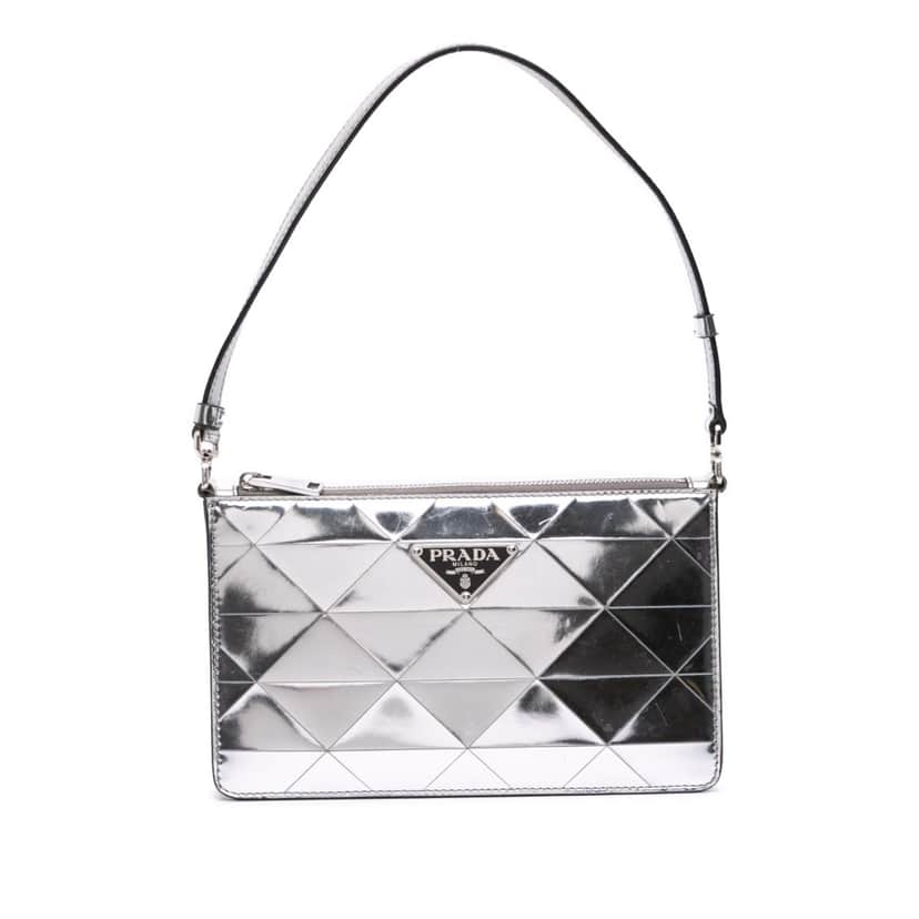 Prada Mini Metallic Spazzolato Tria Shoulder Bag Silver Leather Good condition - Front View