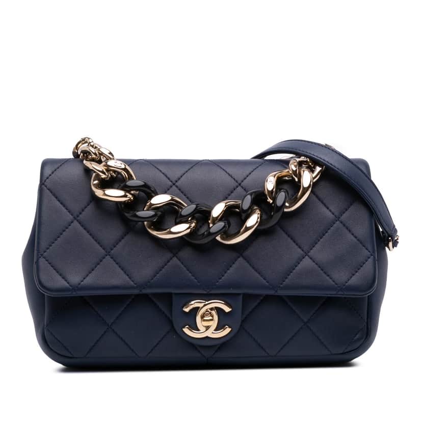 Chanel Small Lambskin Elegant Chain Single Flap Blue Leather Good condition - Front View