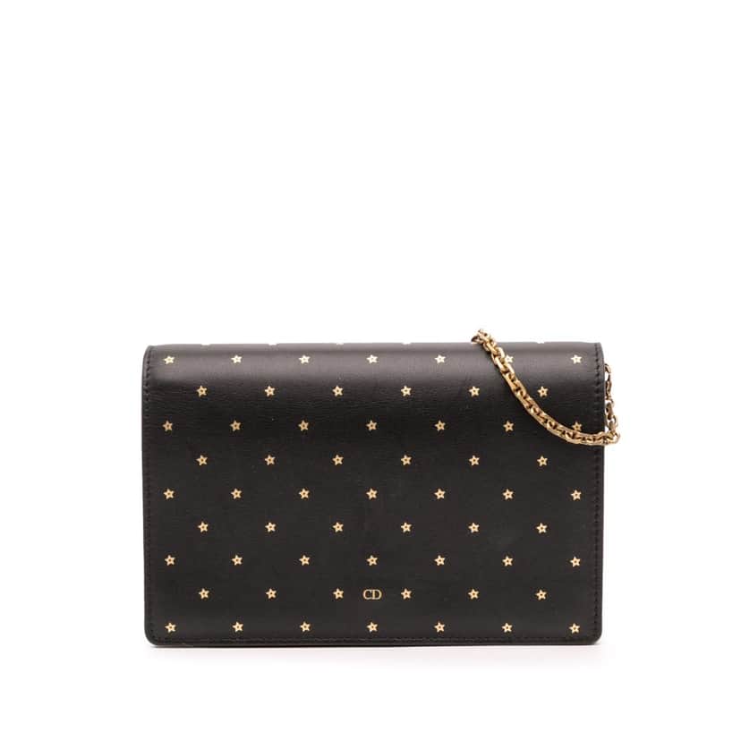 Dior Calfskin Embossed Stars Wallet on Chain Black Leather Good condition - Front View