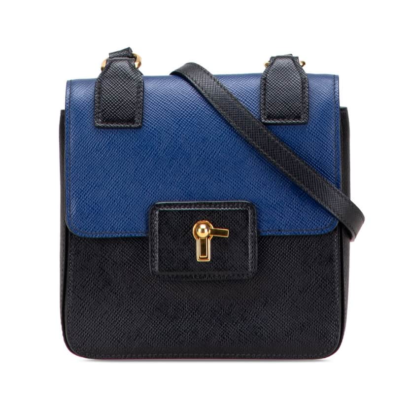 Prada Bicolor Saffiano Cuir Flap Crossbody Black Leather Very good condition - Front View