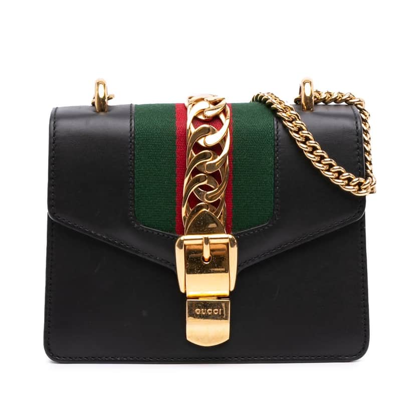 Gucci Mini Leather Web Sylvie Chain Crossbody Black Leather Good condition - Front View