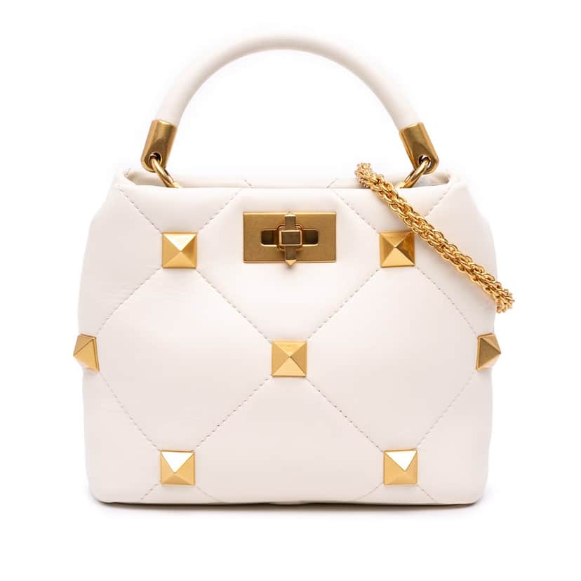 Valentino Small Nappa Roman Stud The Handle Bag White Leather Good condition - Front View