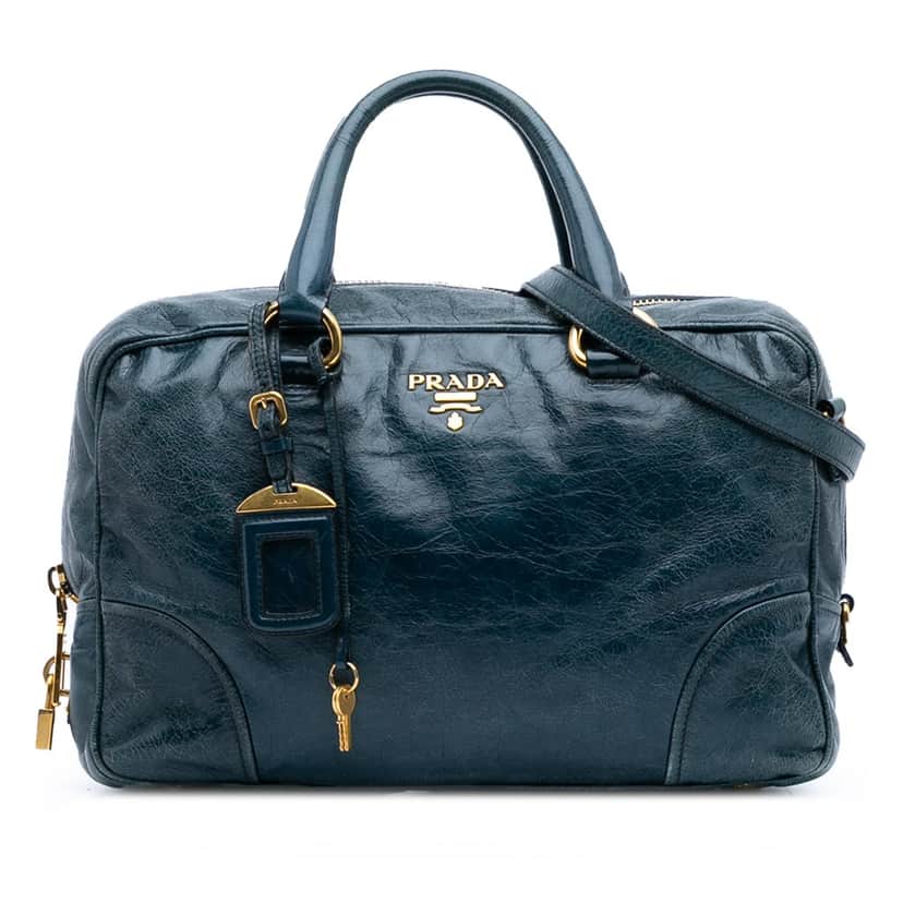 Prada Vitello Shine Satchel Blue Leather Good condition - Front View