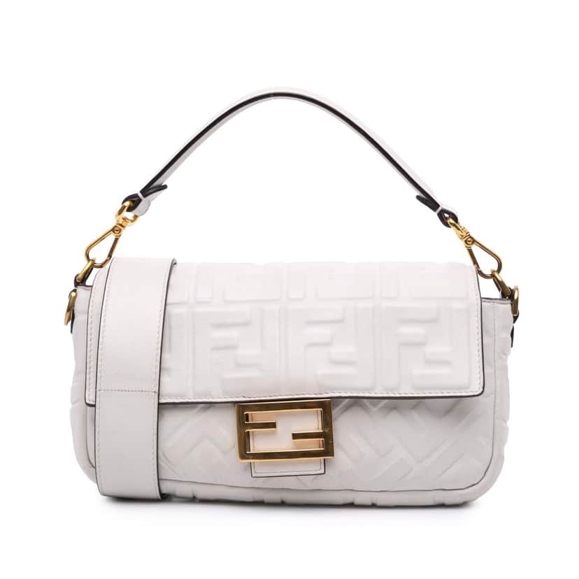 Fendi Zucca Embossed Leather Baguette Satchel White Leather Good condition - Front View