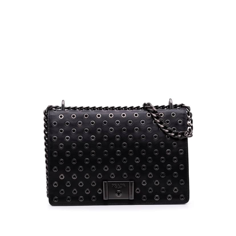 Prada Soft Calf Grommet Lock Flap Chain Crossbody Black Leather Good condition - Front View