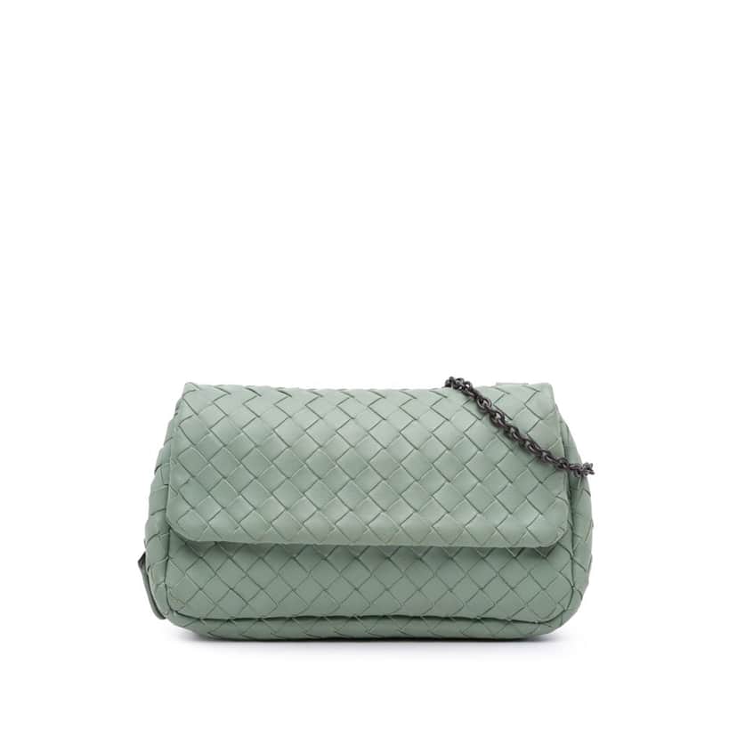Bottega Veneta Mini Nappa Intrecciato Expandable Chain Flap Crossbody Green Leather Good condition - Front View