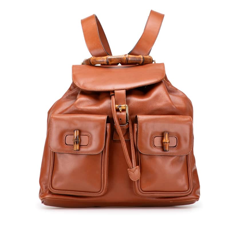 Gucci Leather Bamboo Drawstring Backpack Brown Leather Good condition - Front View