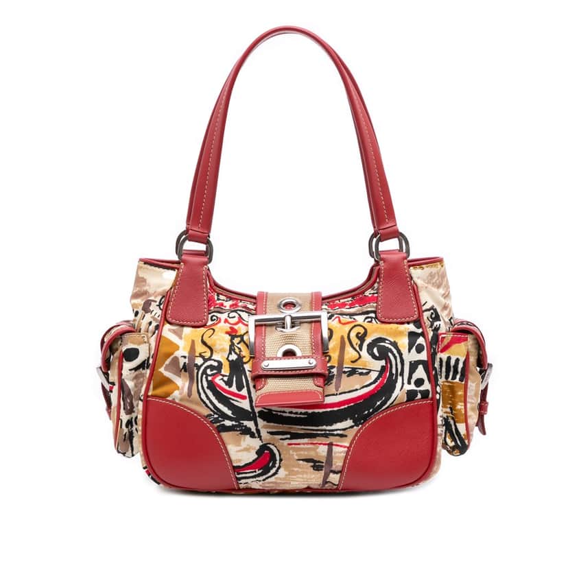 Prada Saffiano Trimmed Printed Canvas Venice Shoulder Bag Brown Canvas Good condition - Front View
