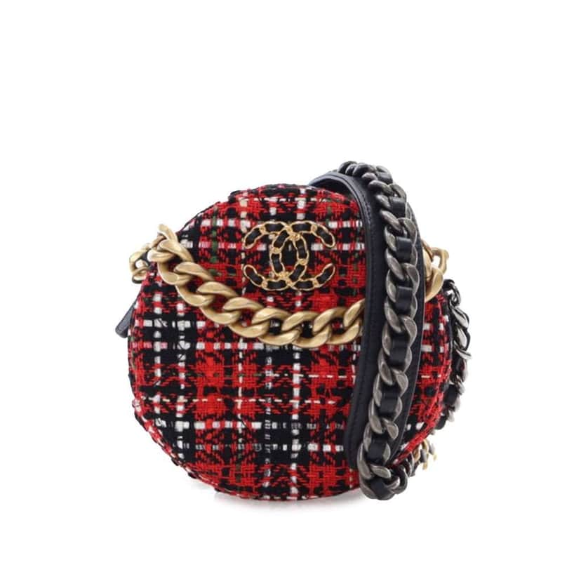 Chanel Tweed 19 Round Clutch with Chain Red Tweed Good condition - Front View