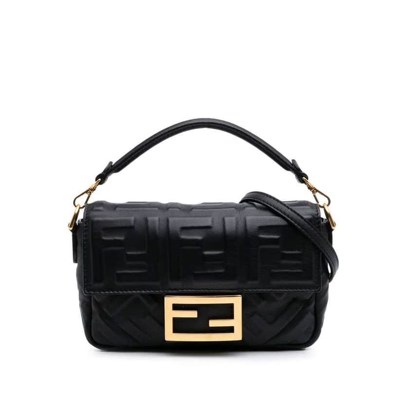 Fendi Mini Zucca Embossed Leather Baguette Satchel Black Leather Good condition - Front View