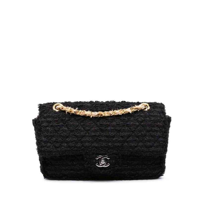 Chanel Medium Classic Tweed Single Flap Black Tweed Good condition - Front View