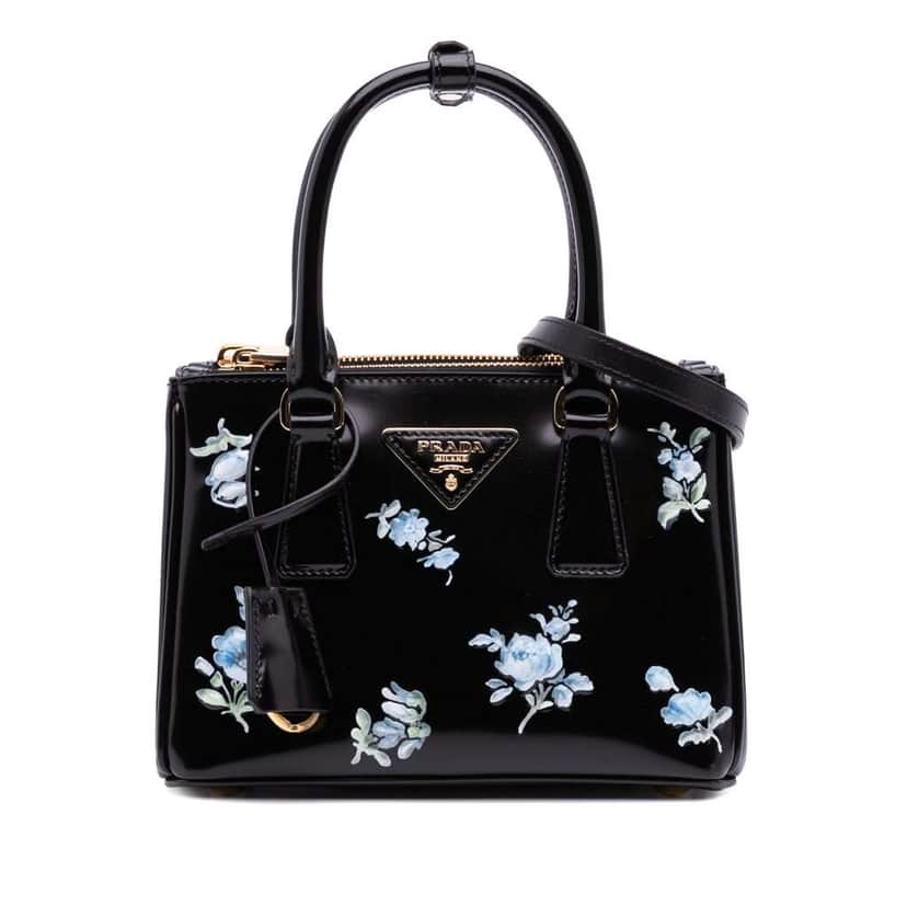 Prada Mini Brushed Leather Floral Print Galleria Double Zip Satchel Black Leather Good condition - Front View