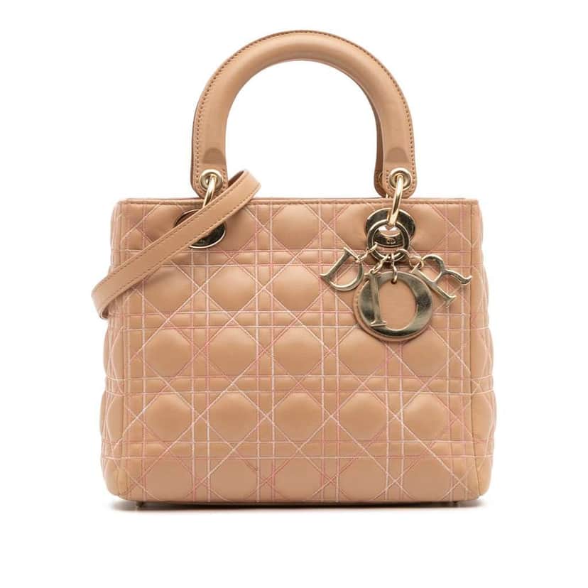Dior Medium Lambskin Cannage Contrast Stitch Lady Dior Brown Leather Good condition - Front View