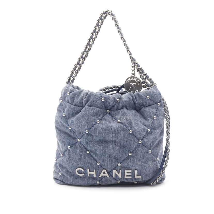 Chanel Mini Denim Studded 22 Handbag Blue Denim Good condition - Front View