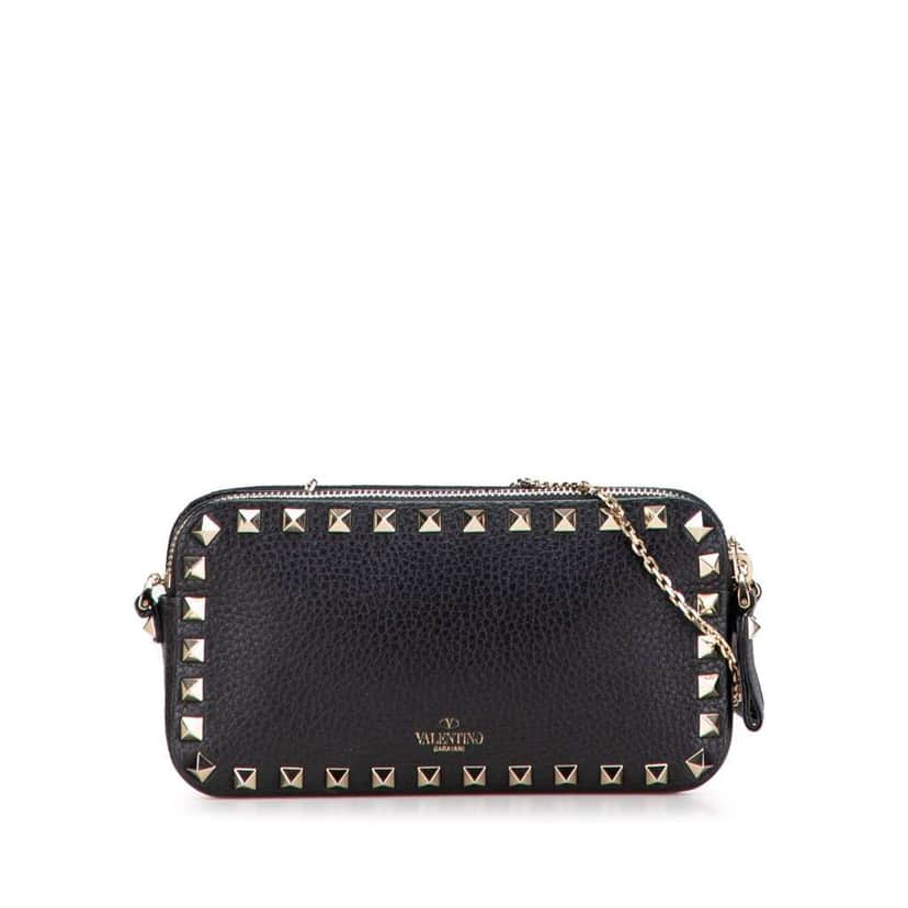 Valentino Pebbled Calfskin Rockstud Double Zip Chain Pouch Black Leather Good condition - Front View