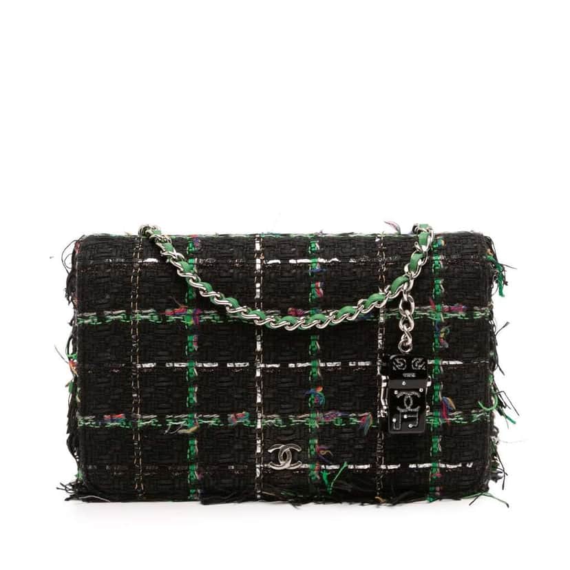 Chanel Quilted Boucle Tweed Robot Charm Wallet On Chain Black Tweed Good condition - Front View