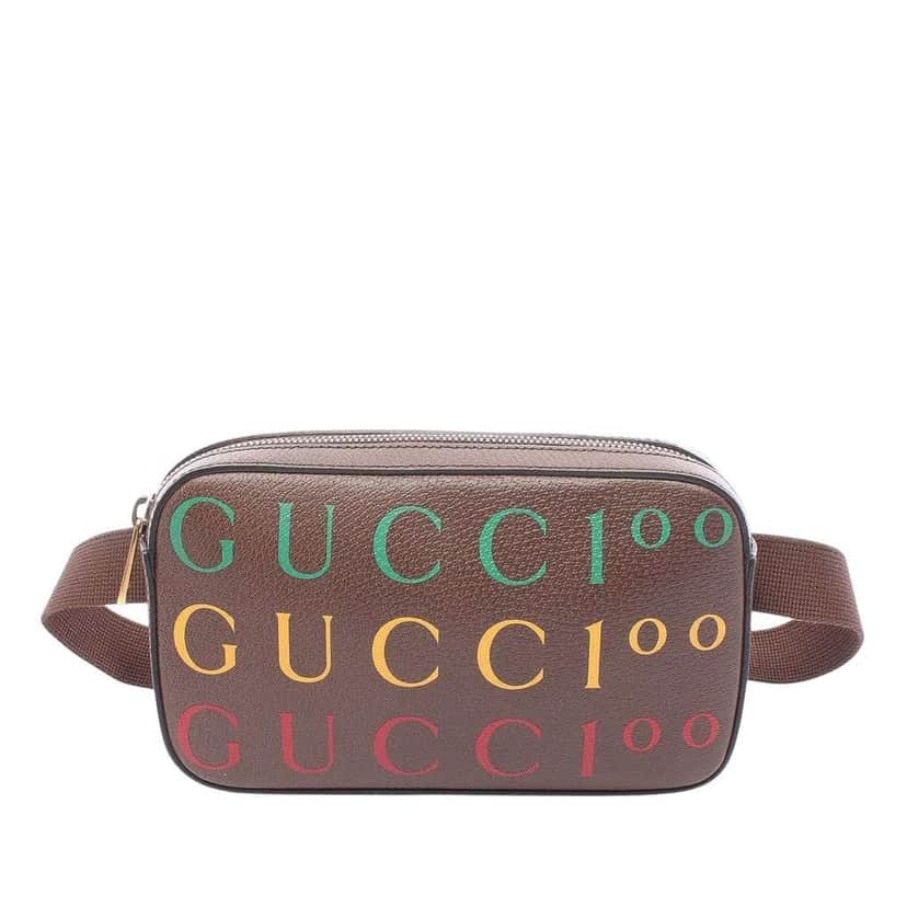 Gucci 100th Anniversary Textured Dollar Calfskin Logo Belt Bag Brown Leather Good condition - Front View