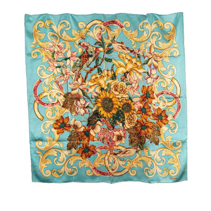Chanel CC Floral Printed Silk Scarf Blue Silk Good condition - Front View