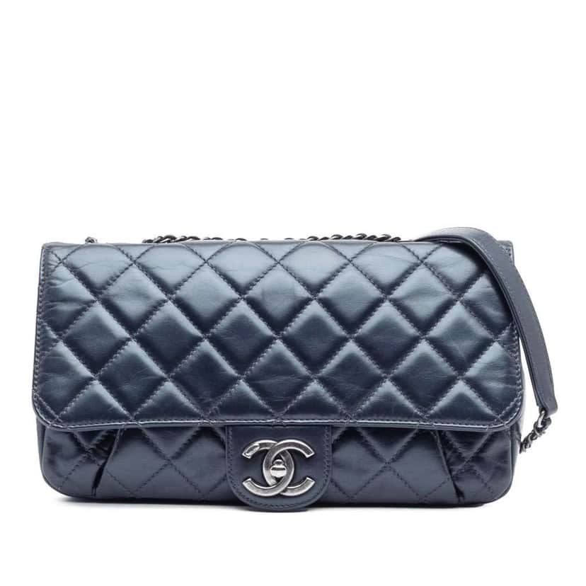 Chanel Quilted Glazed Calfskin Coco Pleats Flap Blue Leather Good condition - Front View