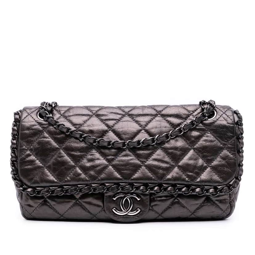 Chanel Medium Quilted Metallic Aged Calfskin Chain Me Flap Grey Leather Good condition - Front View