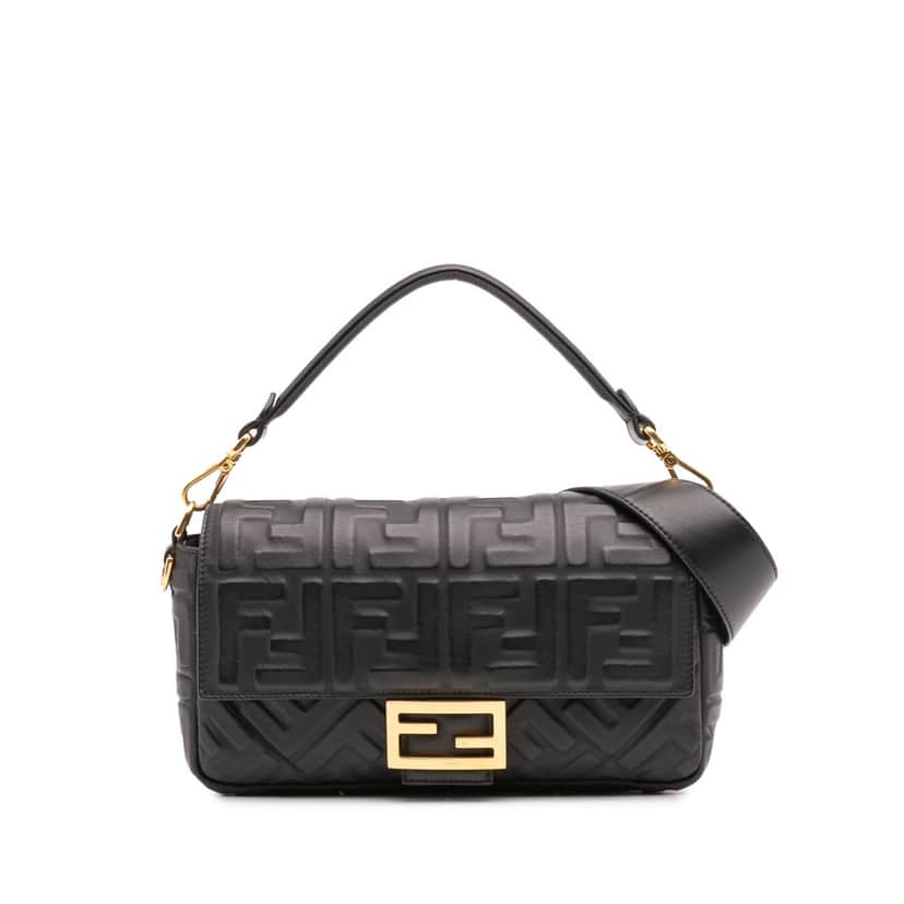 Fendi Zucca Embossed Leather Baguette Satchel Black Leather Good condition - Front View