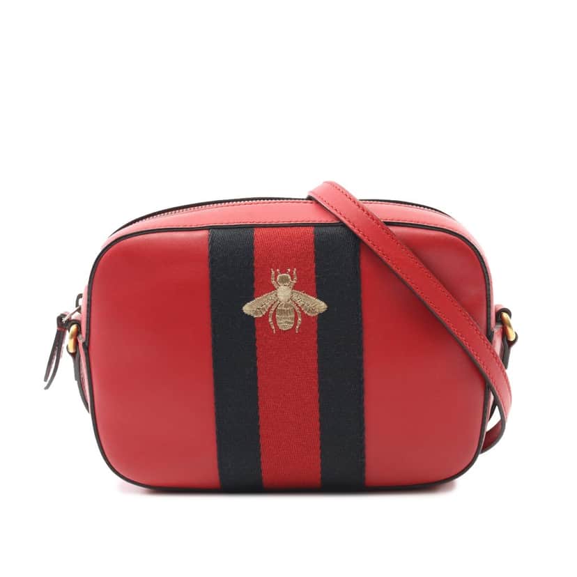 Gucci Calfskin Web Webby Bee Camera Bag Red Leather Good condition - Front View
