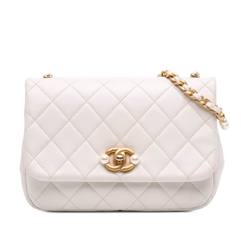 Chanel Mini Glazed Calfskin Pearl Side Flap White Leather Good condition - Front View