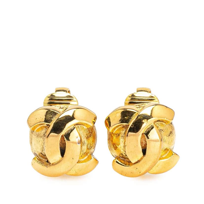 Chanel Gold Plated CC Round Clip on Earrings Gold Metal Good condition - Front View