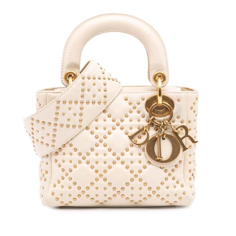 Dior Mini Lambskin Cannage Studded Supple Lady Dior White Leather Good condition - Front View