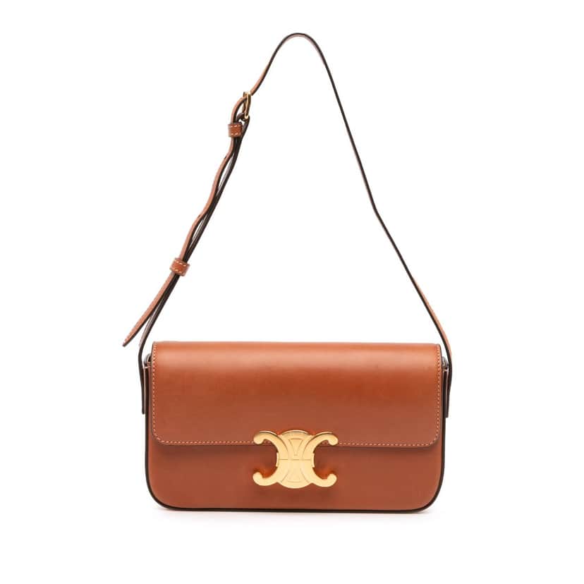 Celine Shiny Calfskin Claude Shoulder Bag Brown Leather Good condition - Front View